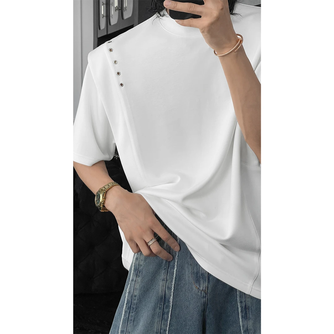 夏季新款潮流简约高级感打洞阔肩设计百搭宽松短袖T恤