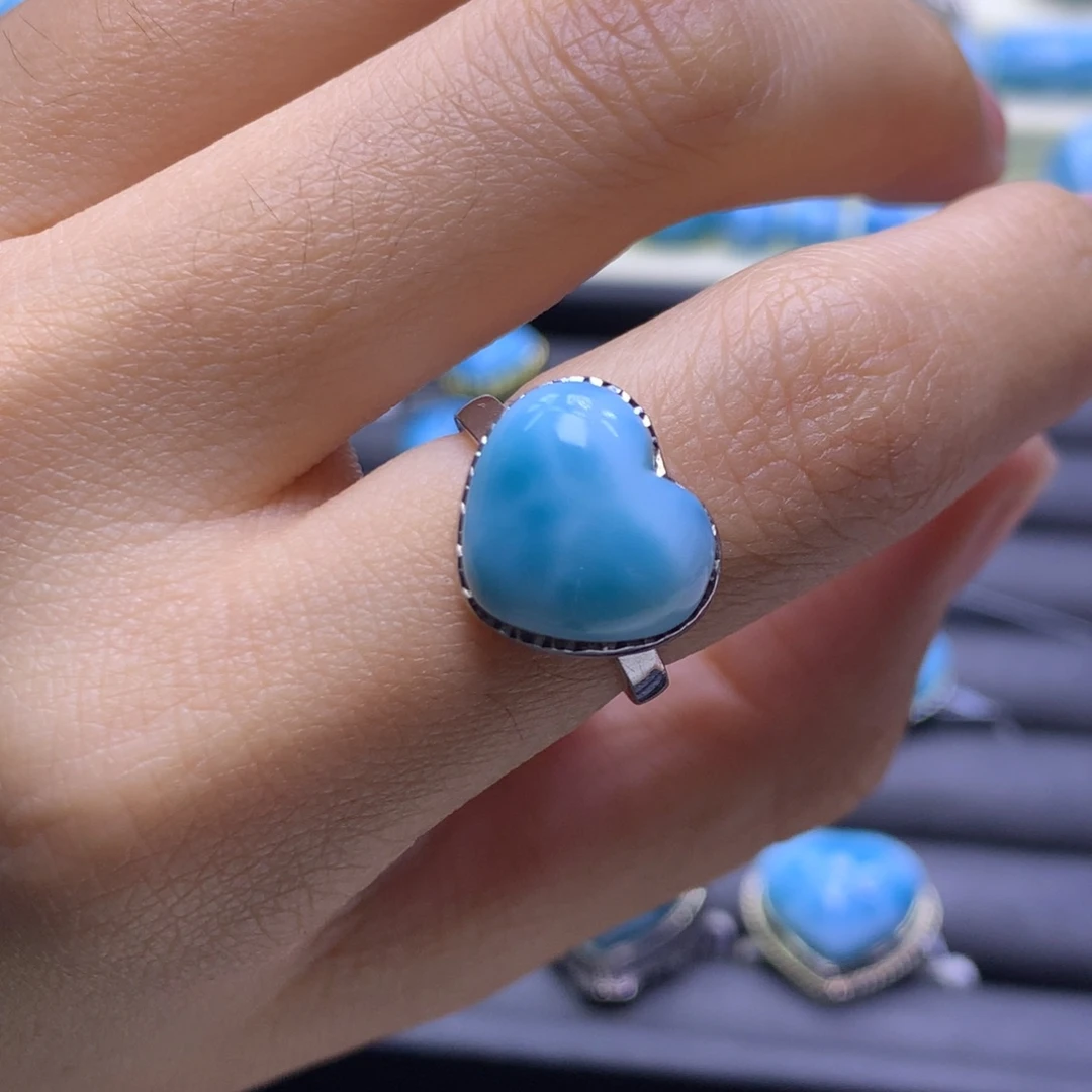 针钠钙石（海纹石）银S925镶嵌戒指爱心戒指色差略异