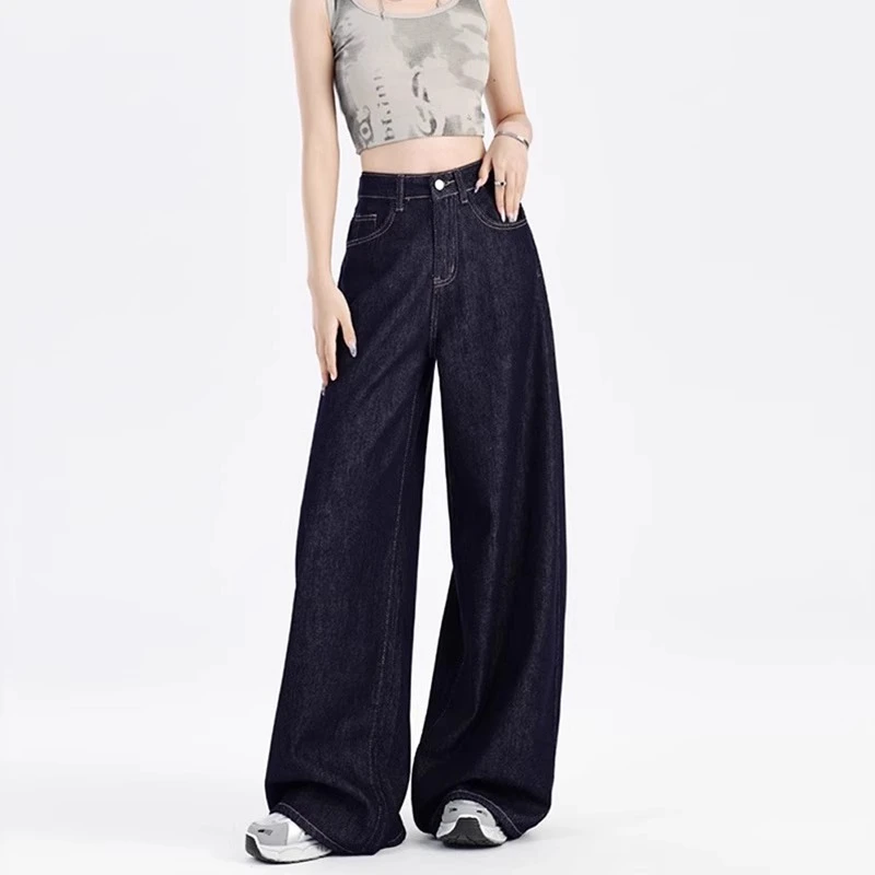 2025夏季新款丹宁蓝慵懒风阔腿牛仔裤女大码高腰显瘦梨型身材长裤