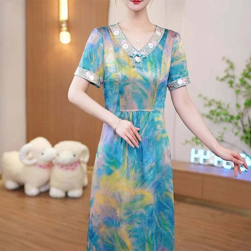 新中式连衣裙夏季新款高档蓝色晕染气质女夏装宽松垂感显瘦中长裙