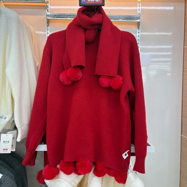 2168780女青年冬季时尚韩系甜美红色圆领加厚保暖百搭毛衣