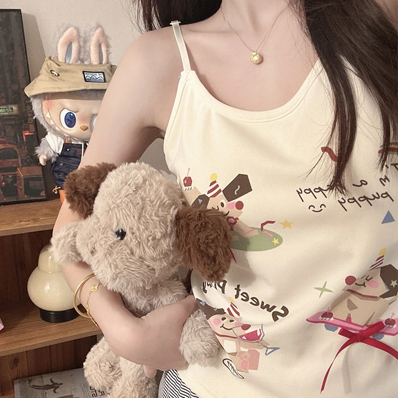 韩系吊带欢乐小狗带胸垫睡衣少女夏季吊带短裤薄款套头家居服套装