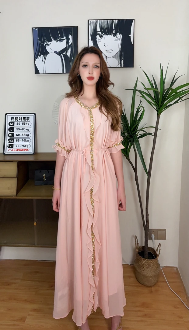 V型领重工金花边优雅女士长款连衣裙适合夏春季穿着