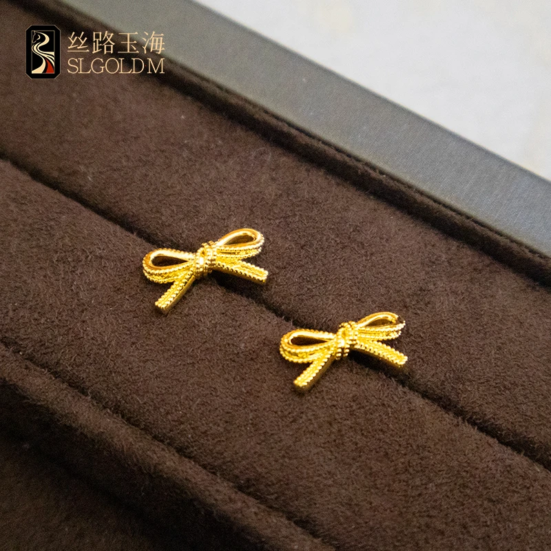 丝路玉海蝴蝶结丝带耳钉足金999轻奢时尚少女