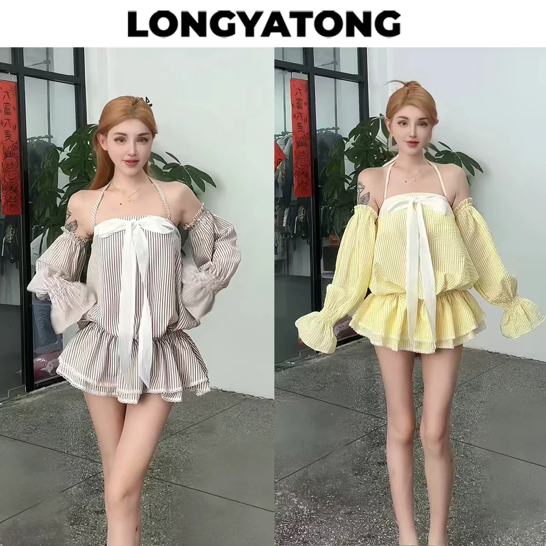 （清）龙牙童推荐【条纹蝴蝶结】新款衬衣东南亚长袖套装露肩抹胸套装