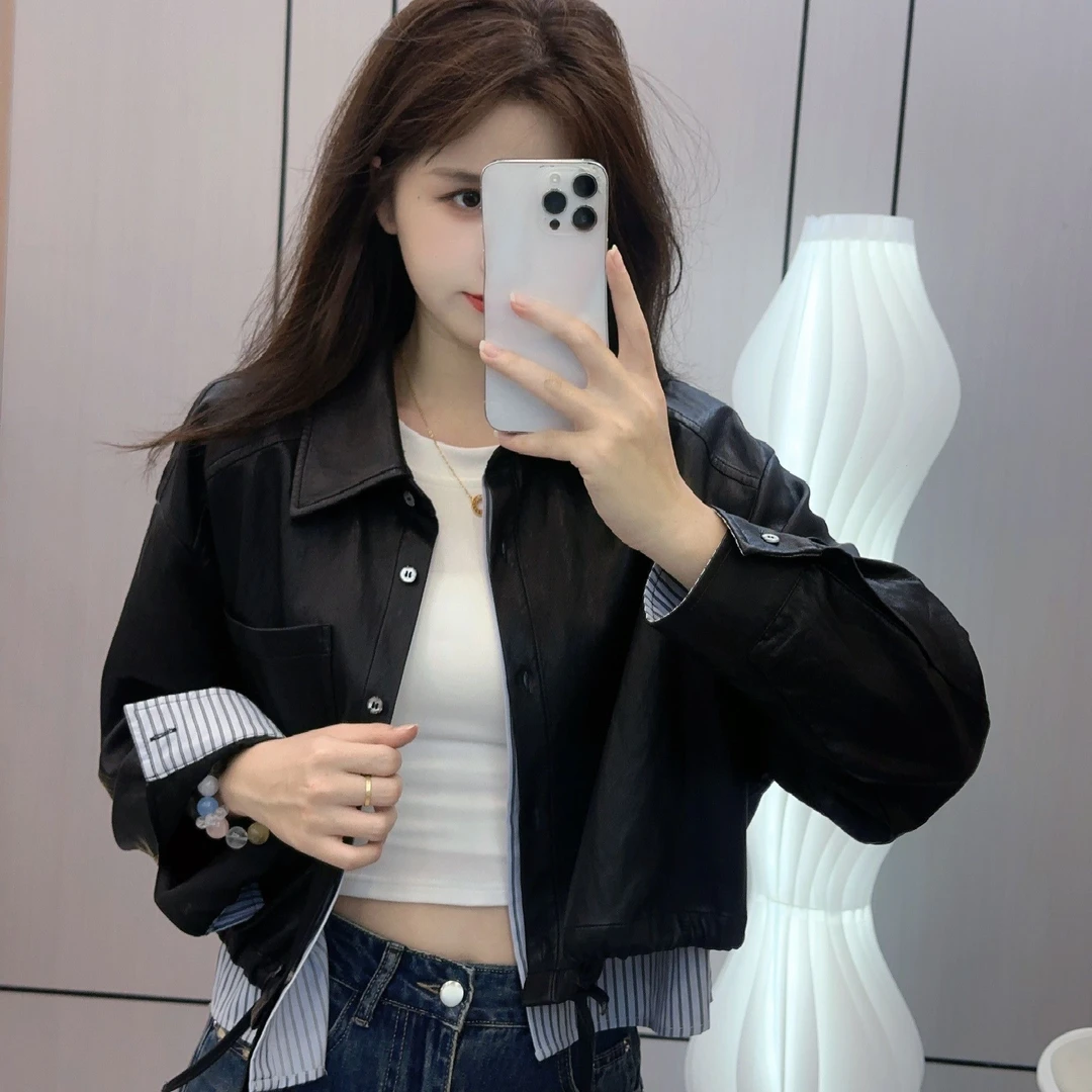 假两件复古港风时尚皮衣嘻哈风春秋短款外套ins拼接高冷酷飒女装