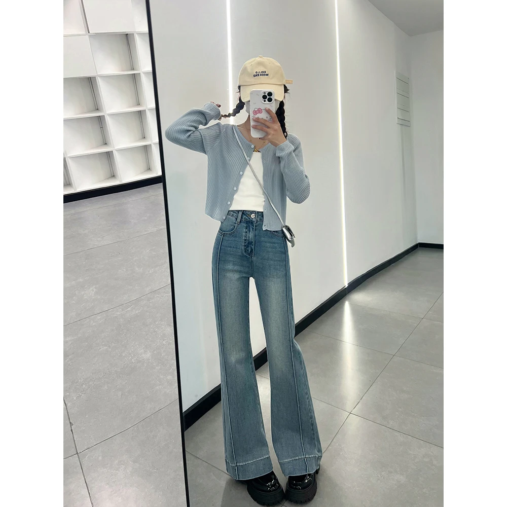 不贴腿微喇阔腿裤女高腰显瘦牛仔阔腿长裤89238