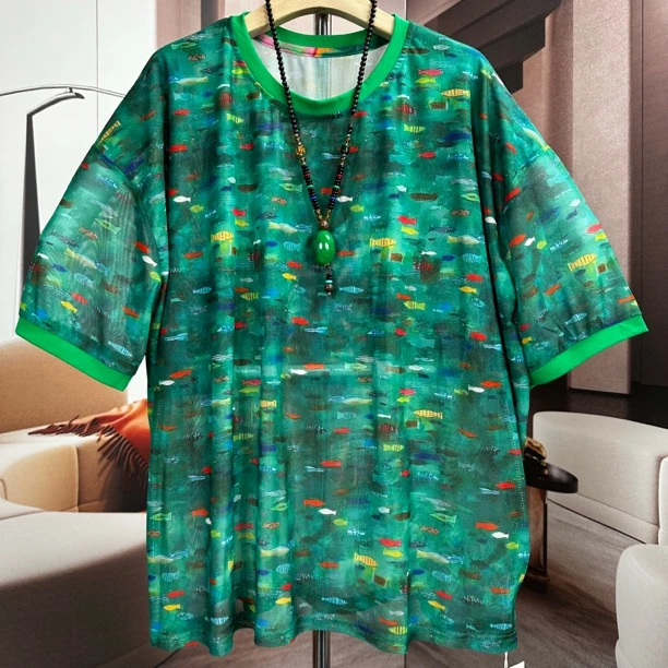 观赏鱼大码女装t恤衫200斤胖mm宽松遮肉显瘦短袖透气上衣夏季新款