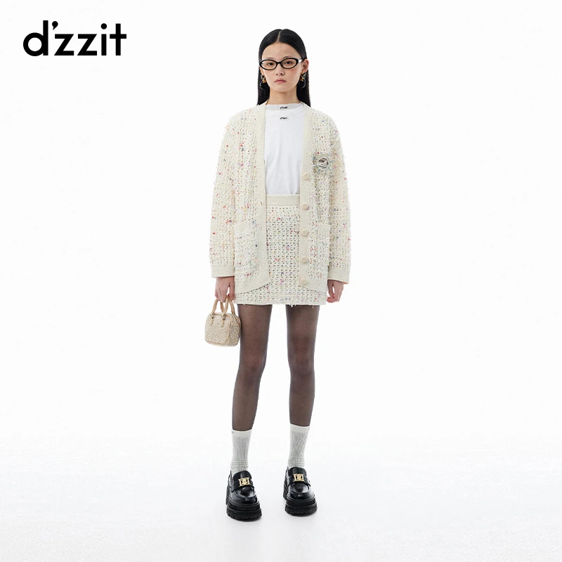 dzzit地素长袖针织衫春秋氛围感彩纱混纺镂空宽松外套女3I3E541