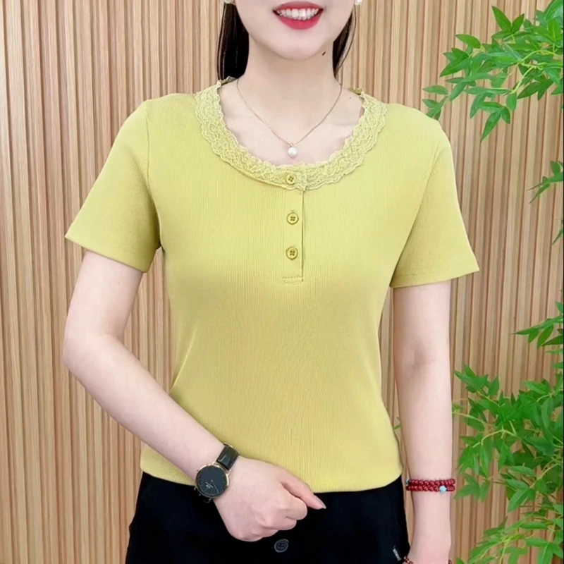 2025夏季时尚洋气新款设计简约纯色花边圆领百搭显瘦短袖A5267