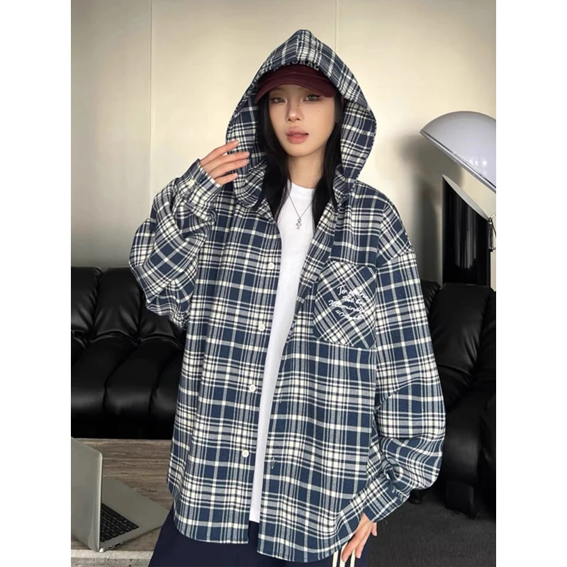 日系cityboy复古格子连帽衬衫男生早秋ootd穿搭情侣休闲衬衣外套
