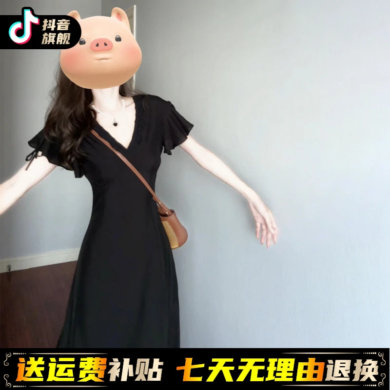 法式赫本风黑色v领连衣裙女夏季2025新款高级感气质收腰显瘦长裙