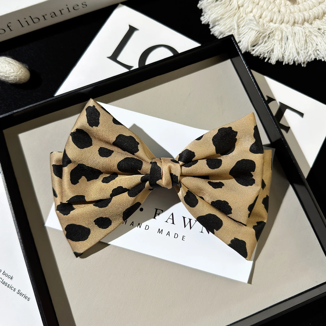 【3件8折】法式豹纹蝴蝶结真丝发夹女后脑勺高级感弹簧夹发卡头饰