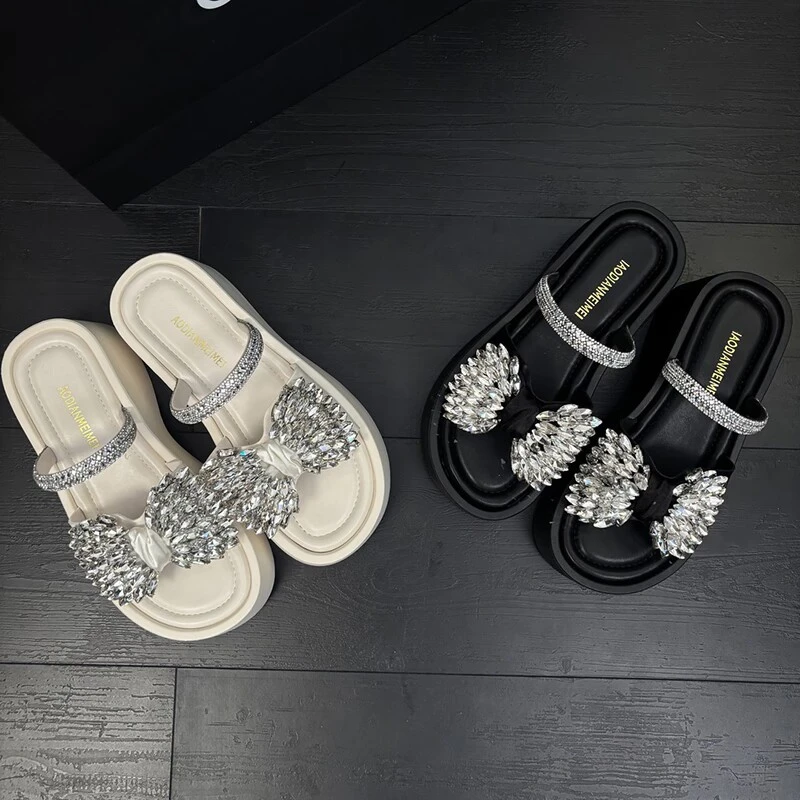 W 2025夏季精致水钻蝴蝶结厚底增高百搭女式外穿凉拖鞋偷心碟凉拖