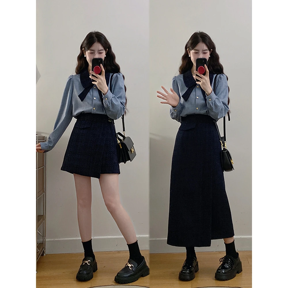 大码女装2025秋季新款韩系小香通勤衬衫+高腰遮肉显瘦裙裤