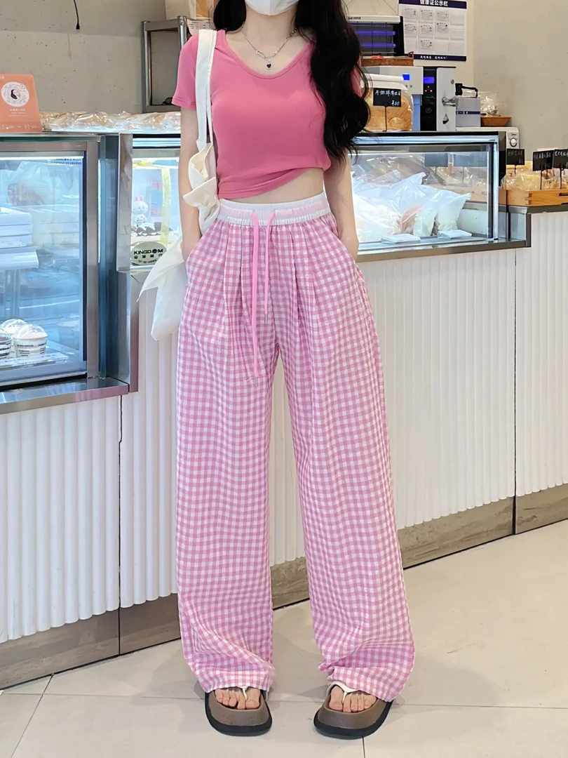 【小静专属】格子裤女2025新款高腰宽松山本裤直筒复古阔腿裤薄
