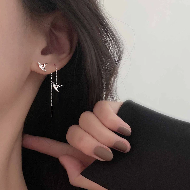 足银合成锆石耳饰 千纸鹤流苏耳线镶嵌新款ins潮耳坠高级感耳饰品