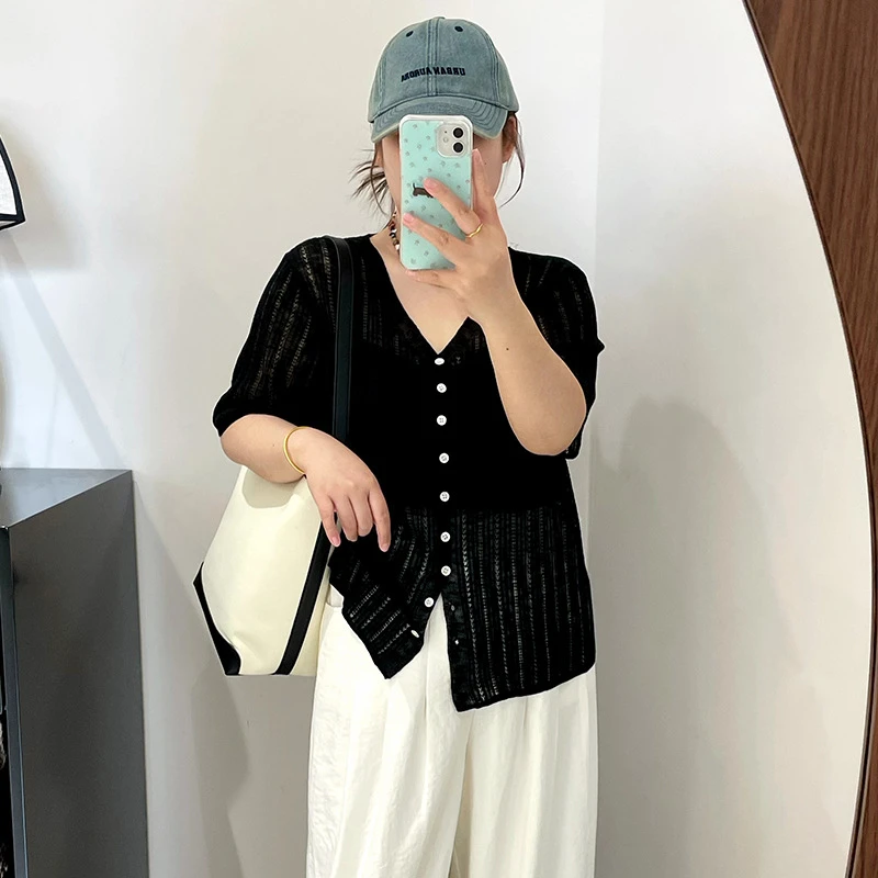 乃粒大码女装v领外搭短袖上衣外套2025夏款胖mm巨显瘦针织衫开衫