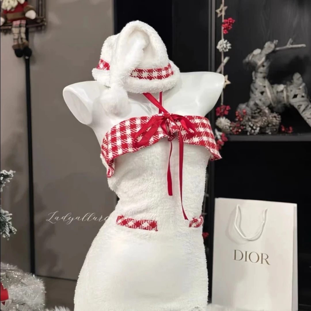 网红辣妹新款火辣cos圣诞装复古修身显瘦性感挂脖连衣裙包臀套装