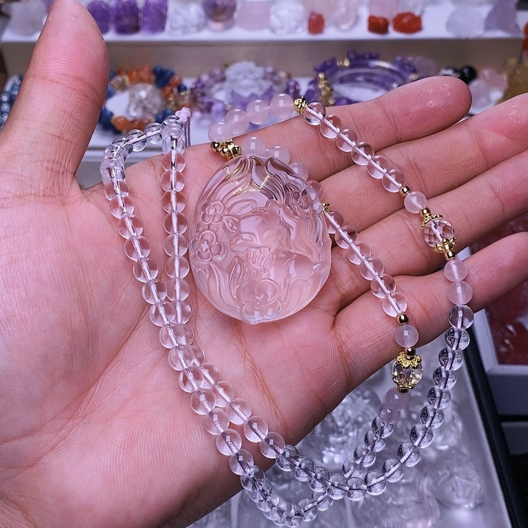 水晶颈饰未镶嵌白水晶水滴媚狐牌吊坠 送链子