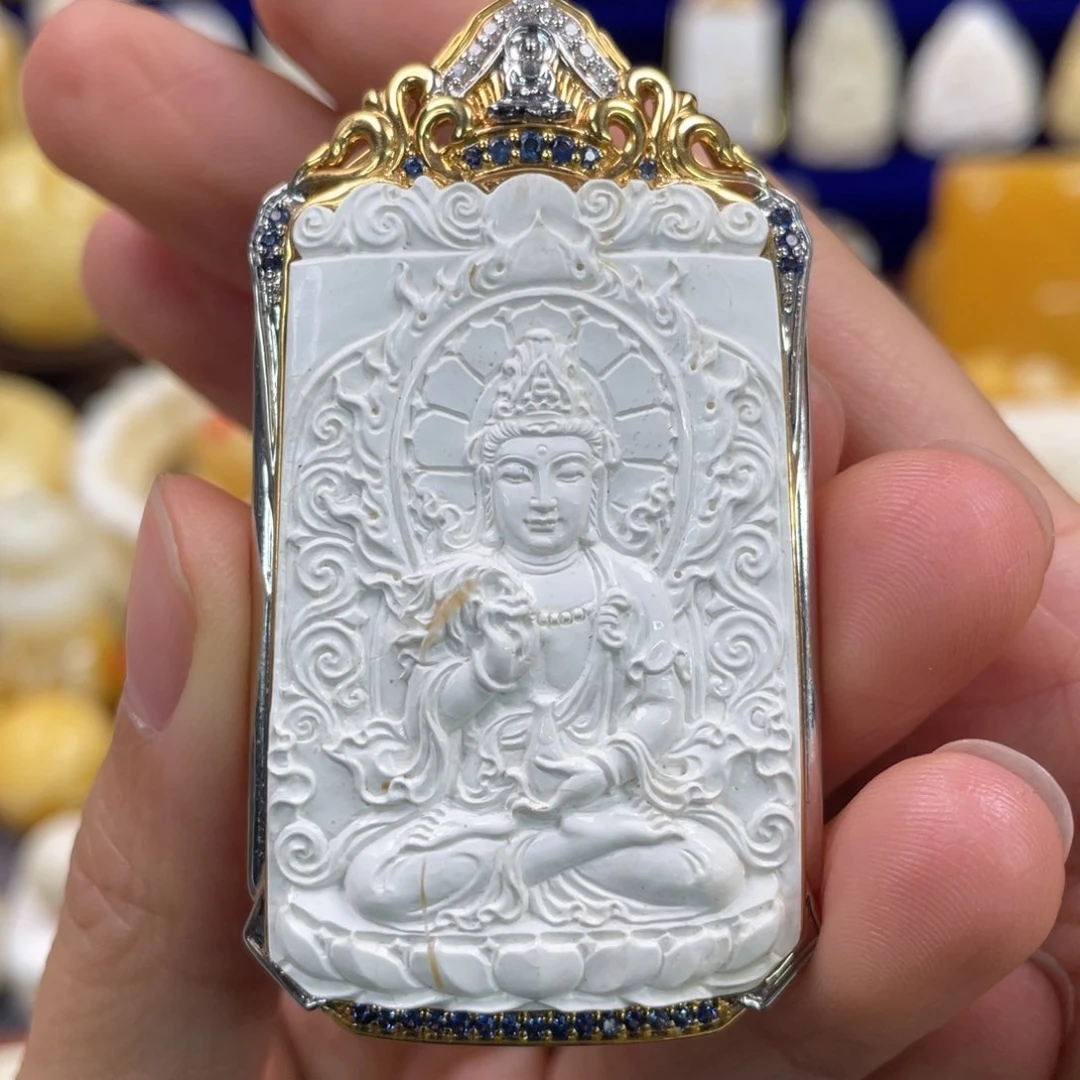 蜜蜡裸石18K金镶嵌琥珀蜜蜡雕刻观音