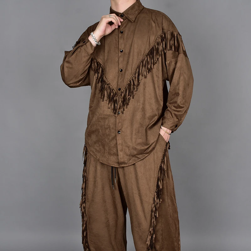 男士复古潮流卡其色衬衫秋冬发型师个性演绎服饰小众流苏装饰衬衣