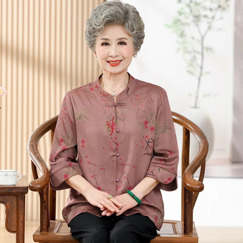 中老年人国风妈妈装衬衣奶奶装七分袖衬衫6070春夏薄款老太太衣服