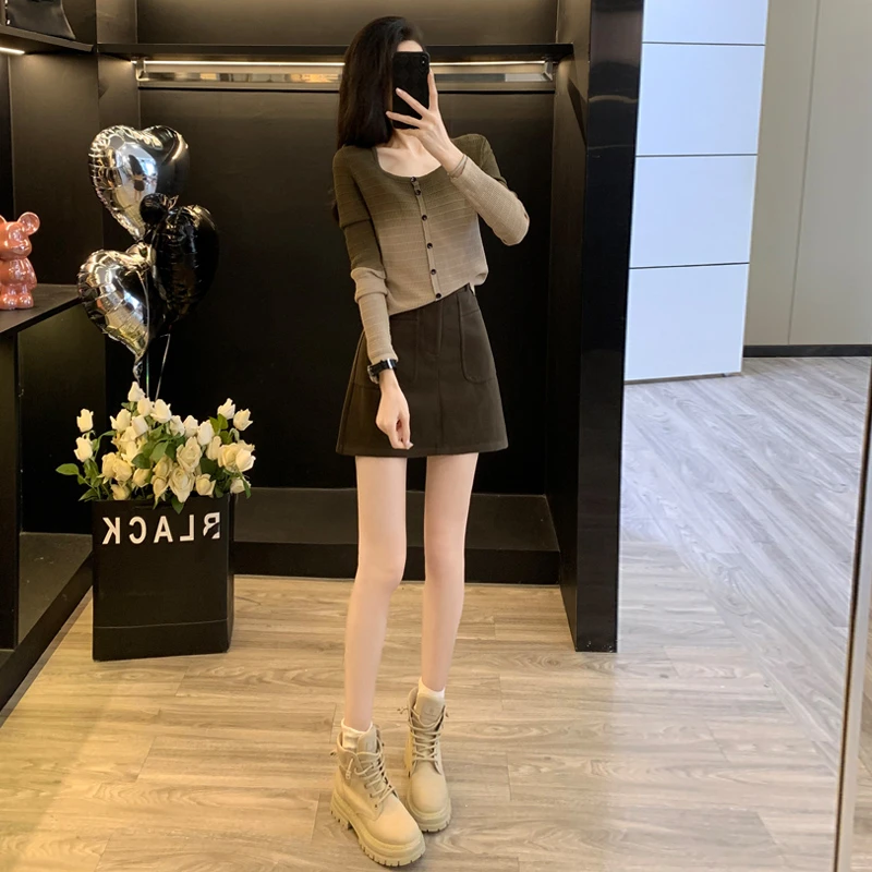 气质时尚穿搭一整套女春季拼色渐变针织开衫上衣A字半身裙两件套