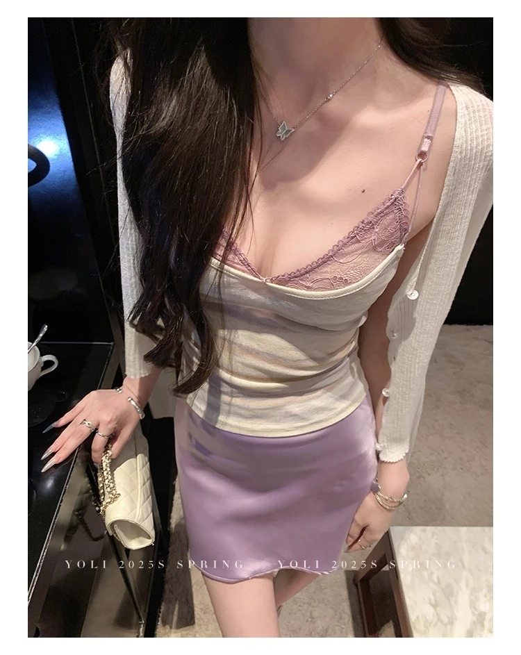 紫色蕾丝假两件吊带背心女夏季温柔辣妹纯欲无袖上衣半身裙三件套