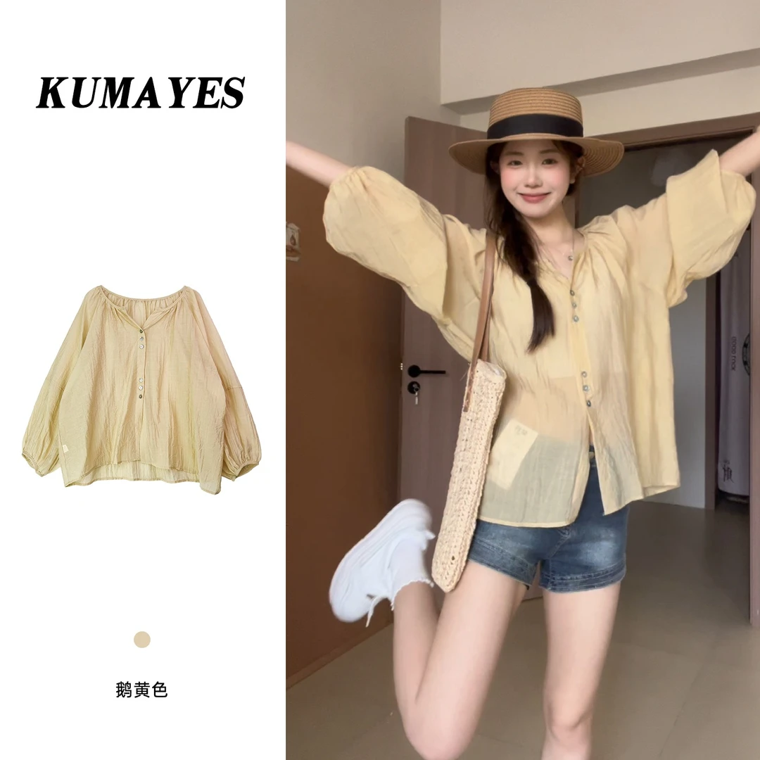 KUMAYES温柔风圆领薄款灯笼袖衬衫女夏季宽松高级感外搭开衫上衣