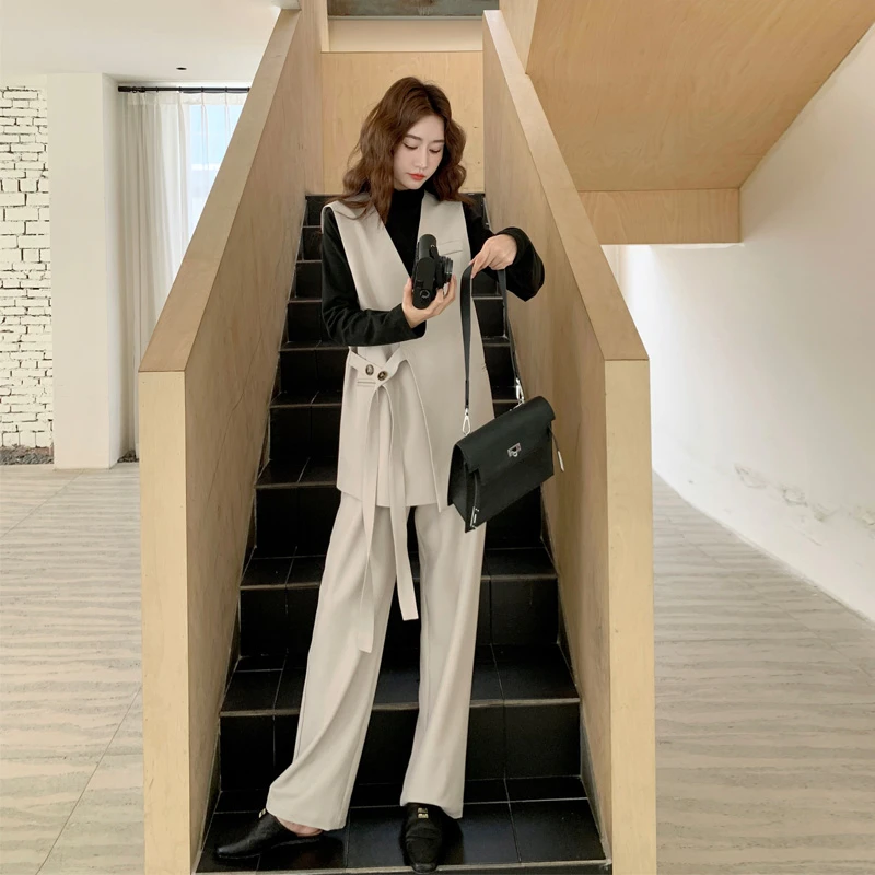 设计感系带马甲打底衫阔腿裤2025春秋新款小众韩系ins风三件套潮