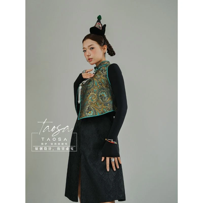 【陶萨】 M028-锦缎不规则设计马夹   陶萨原创轻民族服饰