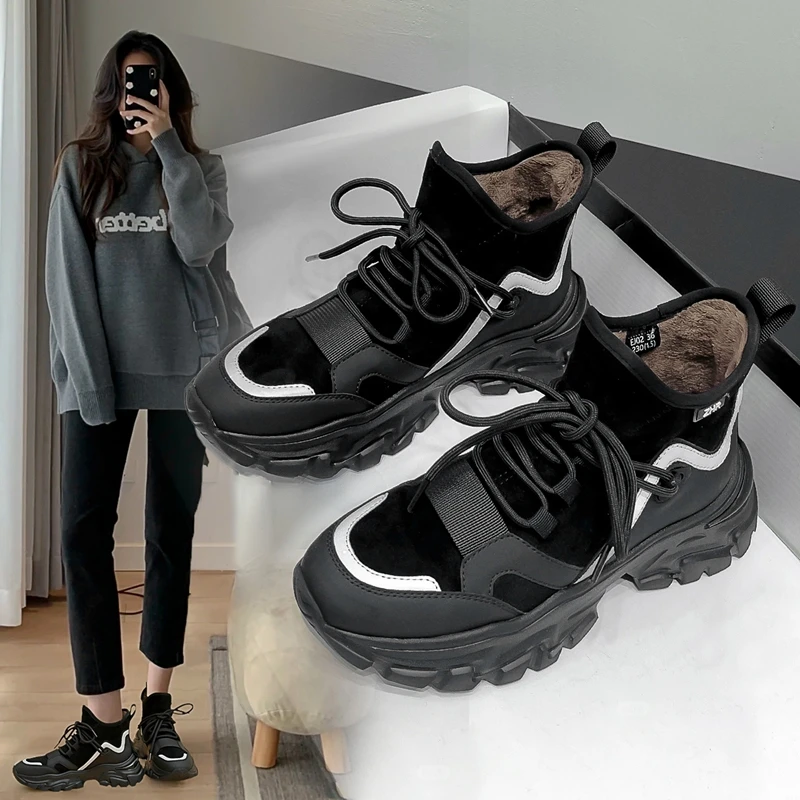 ZHR则则加绒保暖高帮鞋女2025冬季新款厚底时尚百搭运动休闲女鞋