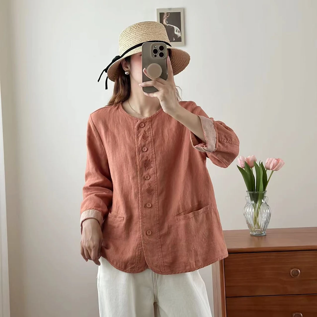 2025新款高档雨露纯亚麻天然植物刺绣圆领小开衫时尚高级减龄百搭