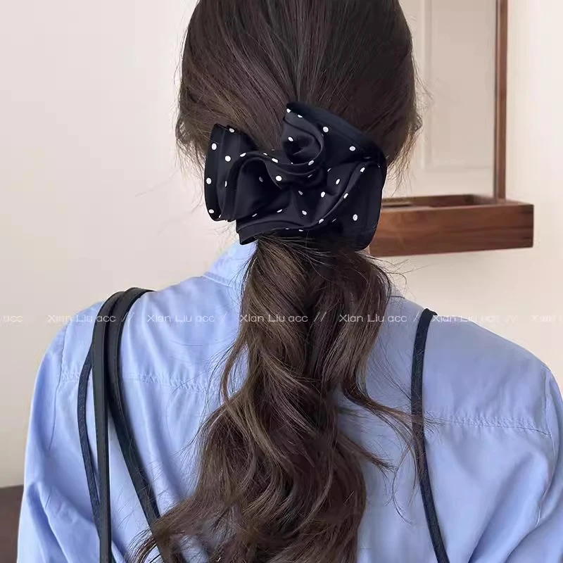 气质高级感黑白波点布艺发圈木耳边大肠圈头绳百搭低马尾皮筋发饰