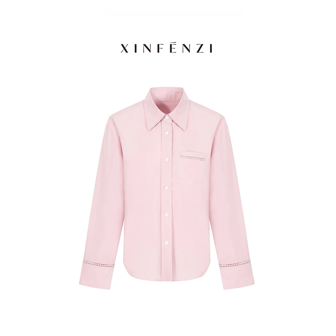 【心动衬衫】XINFENZI 重工蕾丝拼接百搭粉衬衫 SS34833