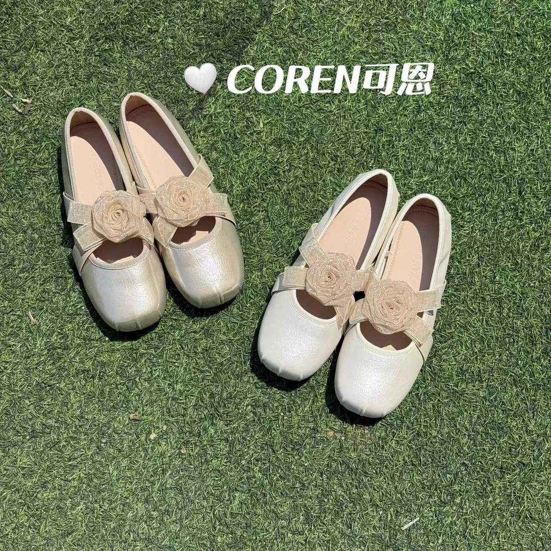 复古交叉带花朵平底芭蕾舞鞋2025新款仙女风圆头软底百搭单鞋女