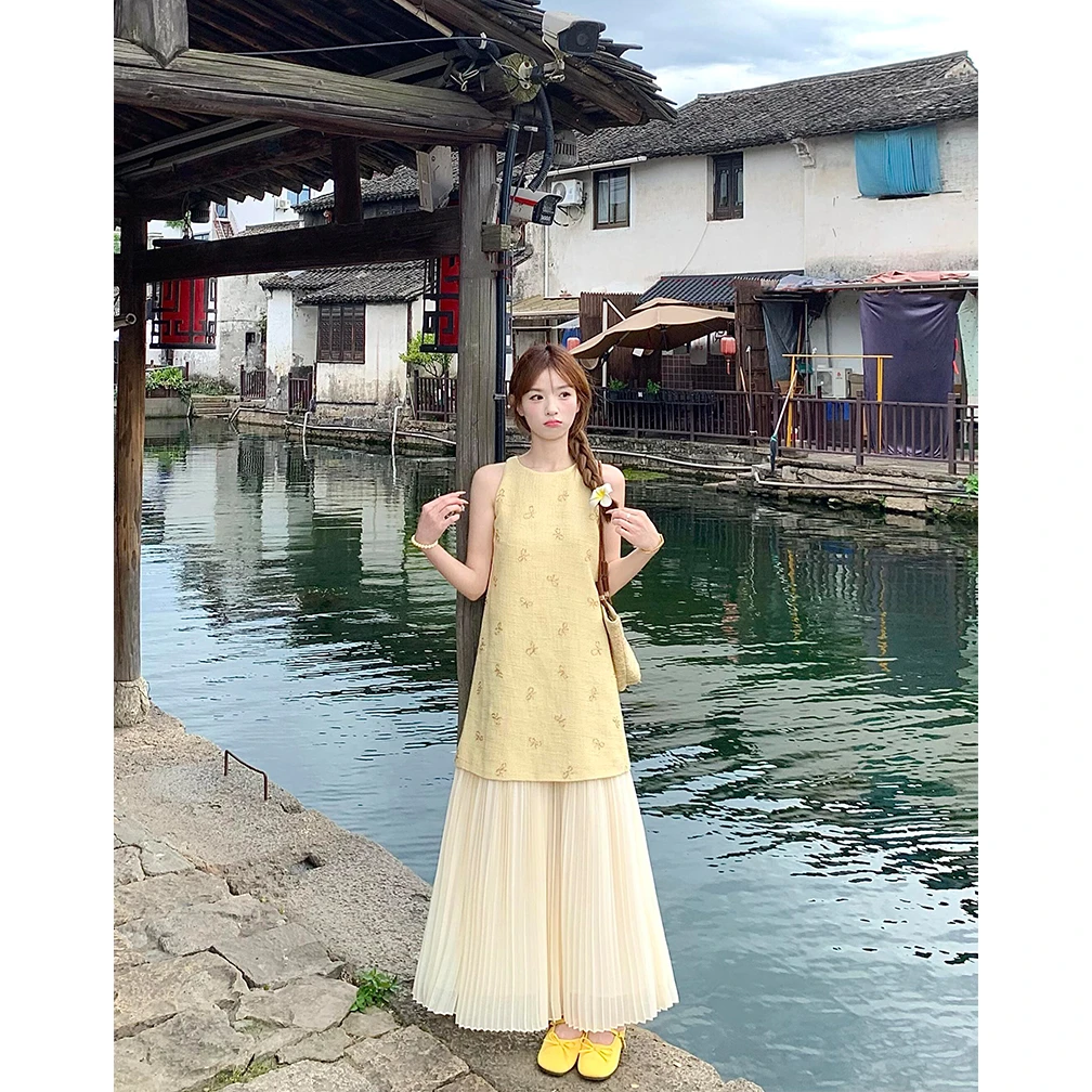 法式减龄高级感套装蝴蝶结无袖背心裙高腰百褶半身裙连衣裙两件套