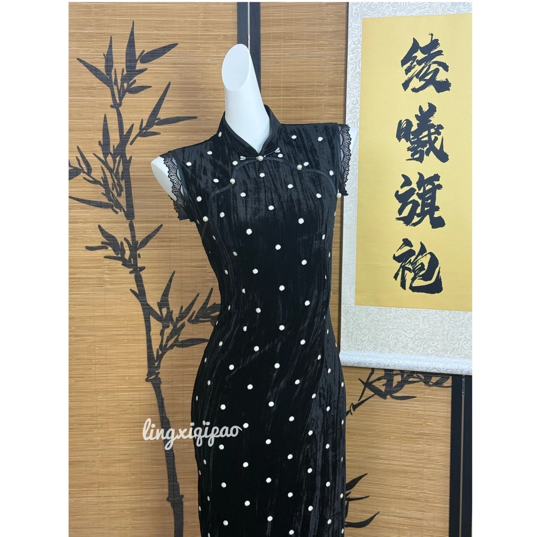 【山丘】绫曦秋季黑色丝绒弹力波点新款日常无袖旗袍