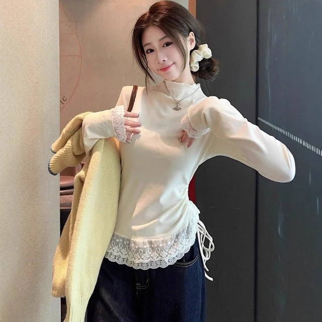s纯欲性感德绒保暖蕾丝拼接高领长袖t恤女秋冬修身打底长袖上衣