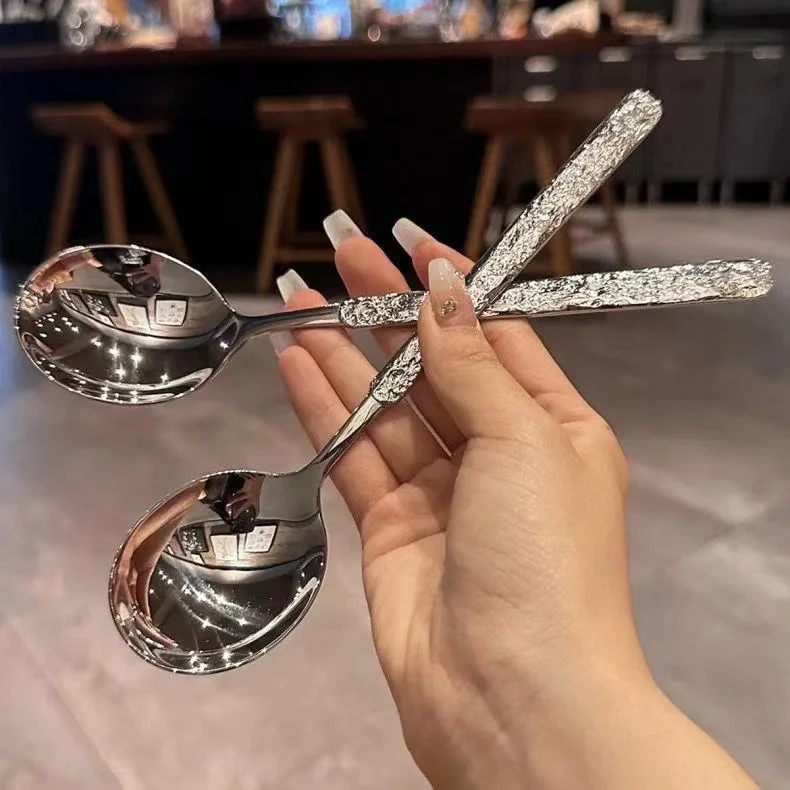 [两只装 囤！]不锈钢冰裂纹圆头勺家用高端汤匙长柄钢勺喝汤西餐勺