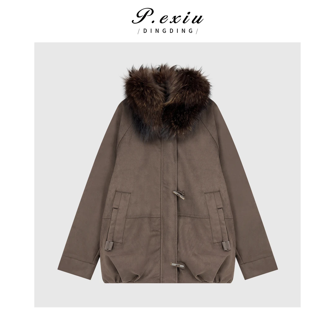 进口白鹅绒韩系牛角扣真毛领廓形鹅绒服 MJY539