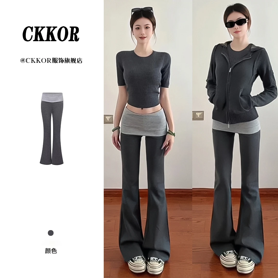 CKKOR双色拼接休闲裤子春季微喇叭裤女新款辣妹低腰显瘦修身时尚