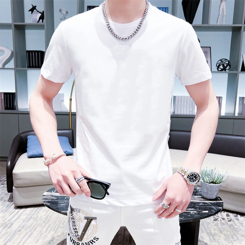 夏季新款潮男短款圆领纯色上衣服短袖T恤男体恤衫百搭休闲修身t