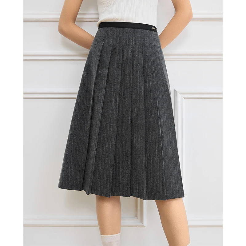 范思蓝恩灰色百褶裙松紧腰半身裙遮肉显瘦春季新款裙子25FS11299