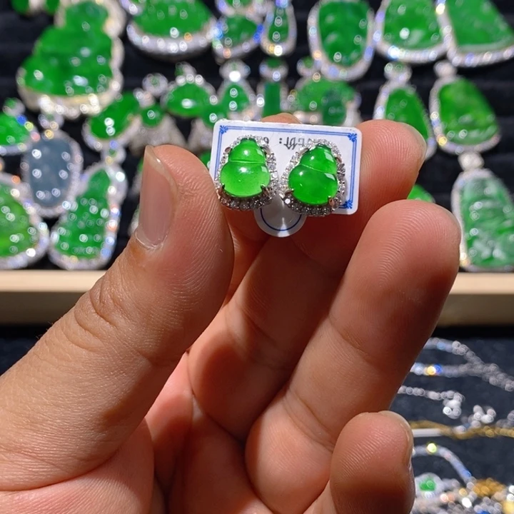 翡翠耳饰银S925镶嵌天然A货翡翠