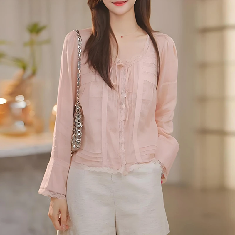 法式小众花边领长袖轻薄衬衫女早秋新款时尚独特漂亮气质高级上衣