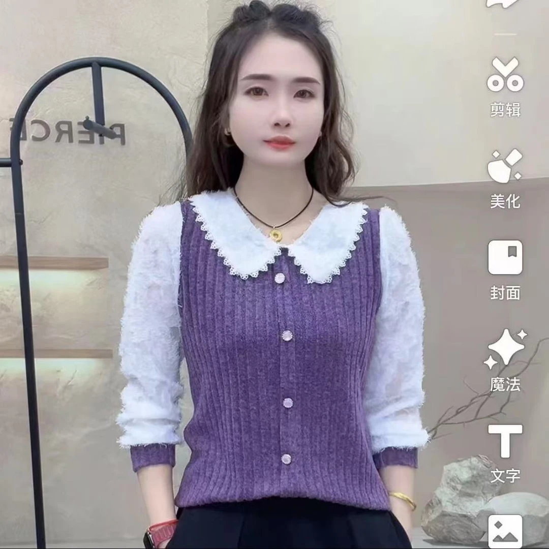 【娃娃领】春秋新款欧货爆款T恤蕾丝时尚休闲洋气百搭长袖女