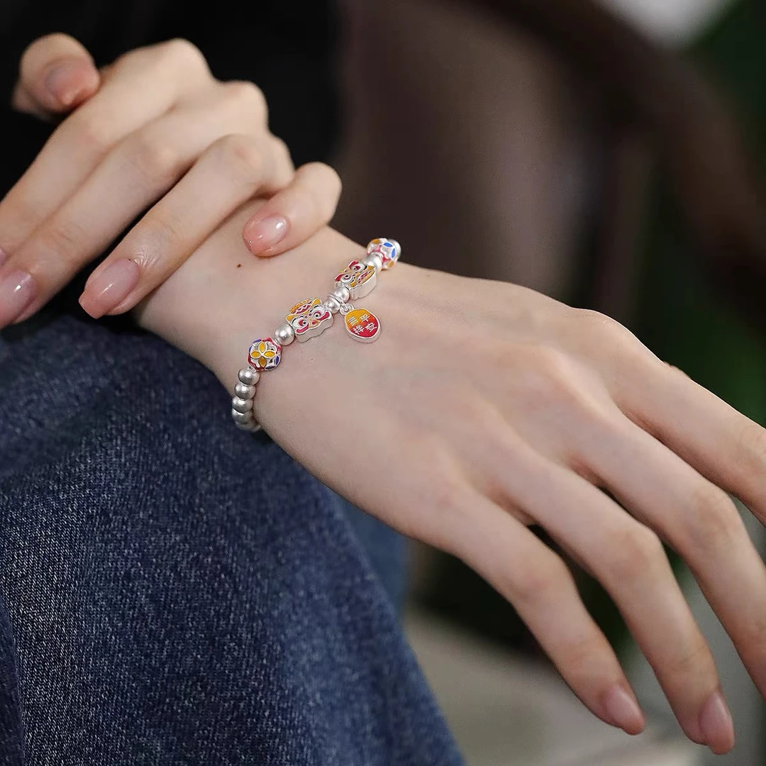 足银手链 足银999.9珐琅醒狮平安喜乐手链纯银时尚民族风女款手串