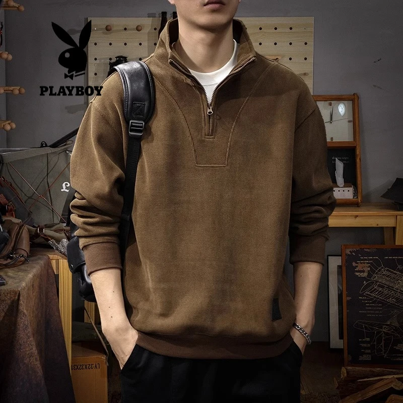 PLAYBOY/花花公子长袖美式半拉链设计卫衣男宽松大码立领秋冬百搭